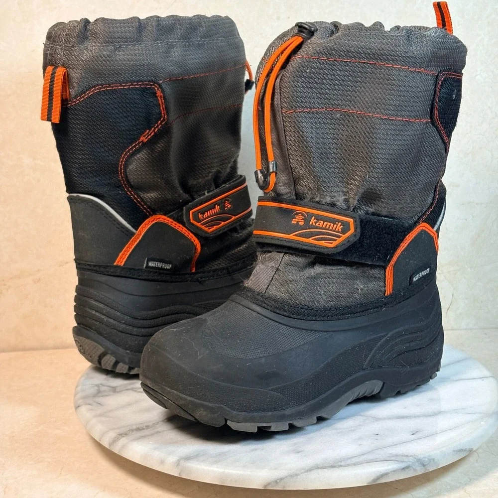 Kamik‎ Kids Waterproof Snow Boots Charcoal Grey Orange Insulated Size 1 Winter
